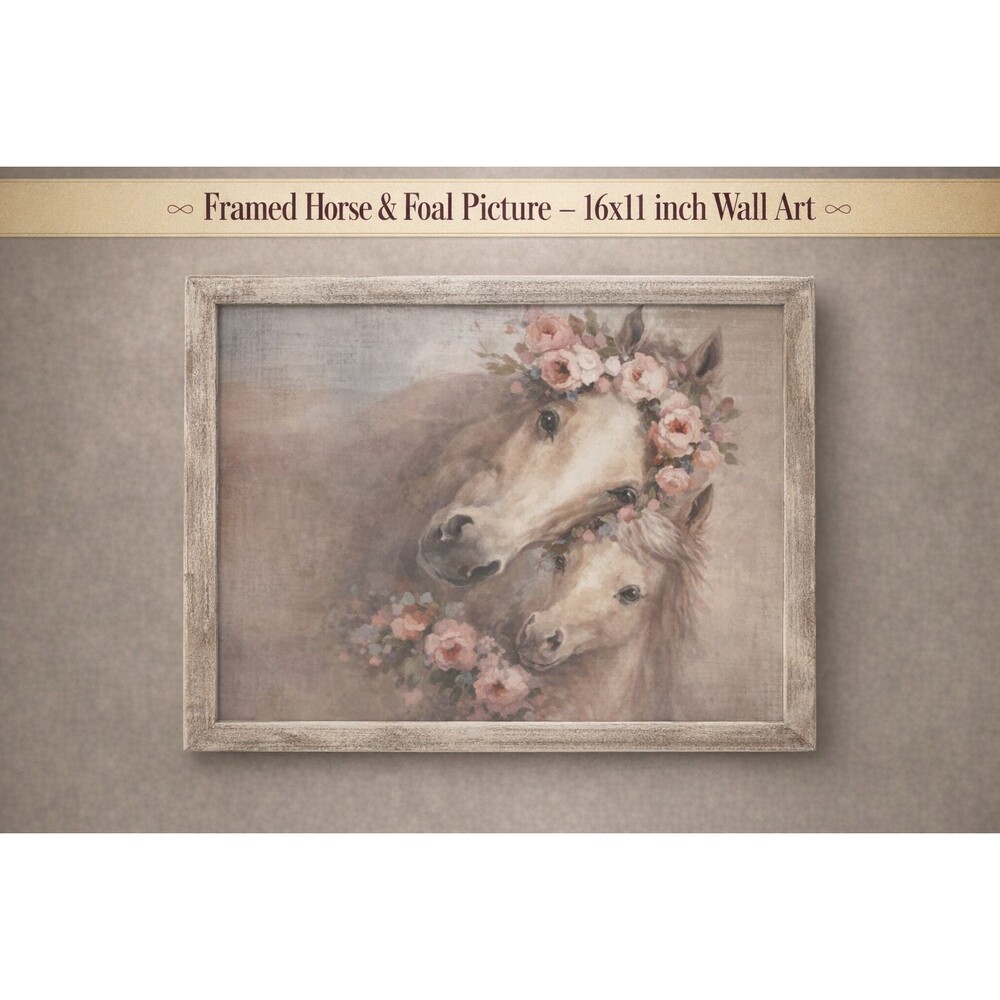 Horse & Foal Floral Framed Art Print – Rustic Wall Décor – 16x11
